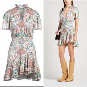 NEW Sandro Asymmetrical Satin Twill Pink/Cream Paisley Floral Mini Dress Sz 2